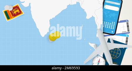 Concetto di viaggio in Sri Lanka, mappa con pin sulla mappa dello Sri Lanka. Mappa di preparazione delle vacanze, bandiera, passaporto e biglietti. Illustrazione vettoriale in disegno piano Illustrazione Vettoriale