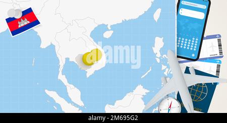 Viaggio a Cambogia concetto, mappa con pin sulla mappa della Cambogia. Mappa di preparazione delle vacanze, bandiera, passaporto e biglietti. Illustrazione vettoriale in piano. Illustrazione Vettoriale