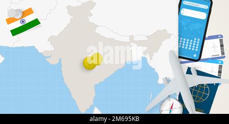 Concetto di viaggio in India, mappa con pin sulla mappa dell'India. Mappa di preparazione delle vacanze, bandiera, passaporto e biglietti. Illustrazione vettoriale in piano. Illustrazione Vettoriale