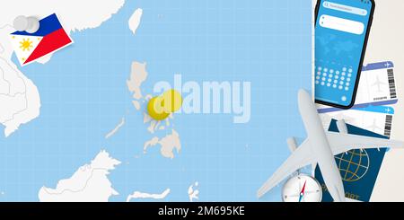Concetto di viaggio nelle Filippine, mappa con pin sulla mappa delle Filippine. Mappa di preparazione delle vacanze, bandiera, passaporto e biglietti. Illustrazione vettoriale in piatto d Illustrazione Vettoriale