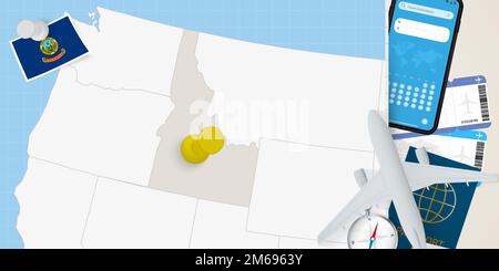Viaggio a Idaho concetto, mappa con pin sulla mappa di Idaho. Mappa di preparazione delle vacanze, bandiera, passaporto e biglietti. Illustrazione vettoriale in piano. Illustrazione Vettoriale