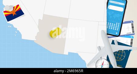 Concetto di viaggio in Arizona, mappa con pin sulla mappa dell'Arizona. Mappa di preparazione delle vacanze, bandiera, passaporto e biglietti. Illustrazione vettoriale in piano. Illustrazione Vettoriale