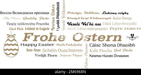 Buona scrittura vettore di Pasqua. Lingue dell'Unione europea con uovo e coniglio in nero e oro. Tedesco Frohe Ostn e tutti gli altri testi è Buona Pasqua. Illustrazione Vettoriale