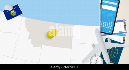 Viaggio a Montana concetto, mappa con pin sulla mappa del Montana. Mappa di preparazione delle vacanze, bandiera, passaporto e biglietti. Illustrazione vettoriale in piano. Illustrazione Vettoriale