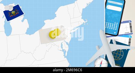 Concetto di viaggio in Pennsylvania, mappa con pin sulla mappa della Pennsylvania. Mappa di preparazione delle vacanze, bandiera, passaporto e biglietti. Illustrazione vettoriale in piano Illustrazione Vettoriale