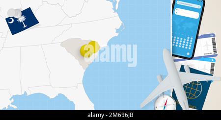 Concetto di viaggio in South Carolina, mappa con pin sulla mappa del South Carolina. Mappa di preparazione delle vacanze, bandiera, passaporto e biglietti. Illustrazione vettoriale nella Illustrazione Vettoriale