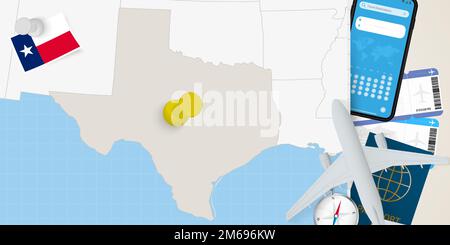 Concetto di viaggio in Texas, mappa con pin sulla mappa del Texas. Mappa di preparazione delle vacanze, bandiera, passaporto e biglietti. Illustrazione vettoriale in piano. Illustrazione Vettoriale