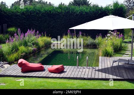 Schiltern, Austria - 08 agosto 2022: Piscina con posti a sedere moderni nel giardino avventura Kittenberger un'oasi con innumerevoli piante, scene e avventure s. Foto Stock