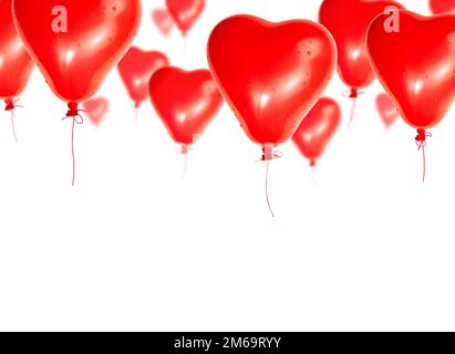Set di palloncini rossi a forma di cuore vola verso il cielo su uno sfondo bianco Foto Stock