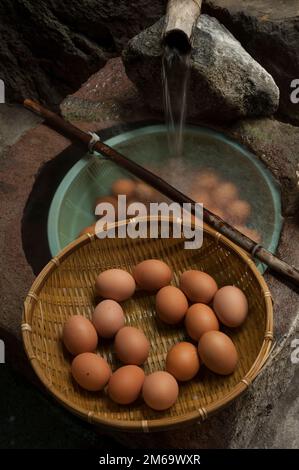 Onsen tamago, o uova di sorgente calda, sono cotti nelle acque calde naturali di Shibu onsen, visto qui sotto le luci di notte. Foto Stock