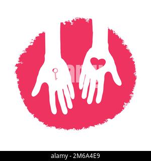 La chiave e il cuore come un dono. Il giorno di San Valentino logo design, illustrazione vettoriale. Foto Stock