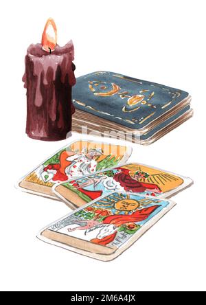 Carte Tarocchi e candela. Illustrazione di acquerello disegnata a mano isolata su sfondo bianco Foto Stock