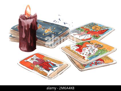 Carte Tarocchi e candela. Illustrazione a acquerello disegnata a mano, isolata su sfondo bianco Foto Stock