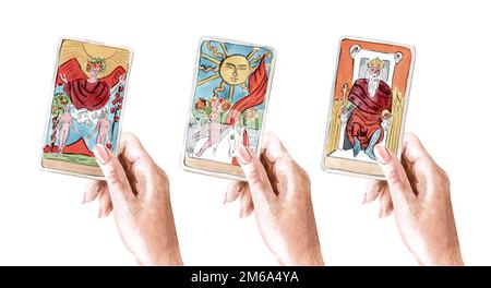 Lettore di tarocchi o cassettiere di fortuna, mano che tiene in mano le carte tarocchi set. Illustrazione di acquerello disegnata a mano isolata su sfondo bianco Foto Stock
