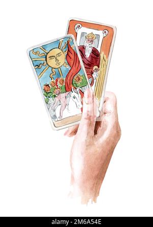 Lettore di tarocchi o cassettiere di fortuna, mano che tiene le carte di tarocchi. Illustrazione di acquerello disegnata a mano isolata su sfondo bianco Foto Stock