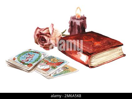 Lettore di tarocchi o cassettiere di fortuna, carte tarocchi, libro e candele. Illustrazione di acquerello disegnata a mano isolata su sfondo bianco Foto Stock