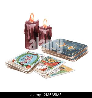 Lettore di tarocchi, carte tarocchi e candele. Illustrazione di acquerello disegnata a mano isolata su sfondo bianco Foto Stock