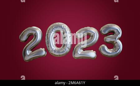 Palloncini d'argento con l'anno numero 2023, rendering 3D realistico su sfondo magenta Foto Stock