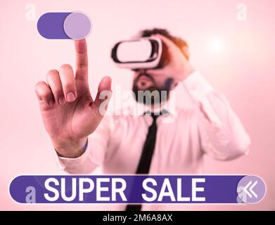 Didascalia di testo che presenta Super sale. Panoramica aziendale che offre sconti eccezionali su prodotti e servizi selezionati Foto Stock