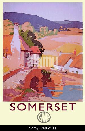 Poster di viaggio Vintage Great Western Railway viaggio pubblicitario a Somerset, West Country Foto Stock