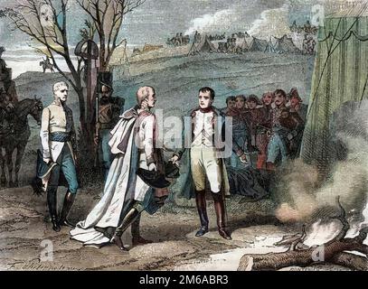 Incontro di due imperatori dopo la Battaglia di Austerlitz, 4 dicembre 1805 (Napoleone Bonaparte, 1769-1821 Imperatore di Francia e Francesco i, 1768-1835 Imperatore d'Austria (Francesco II, Imperatore Sacro Romano) - Rencontre de l'Empereur Napoleone Ier et de l'Empereur d'Autriche, Francois II (1768 - 1835) apres la bataille d'Austerlitz le 2/12/1805 Foto Stock