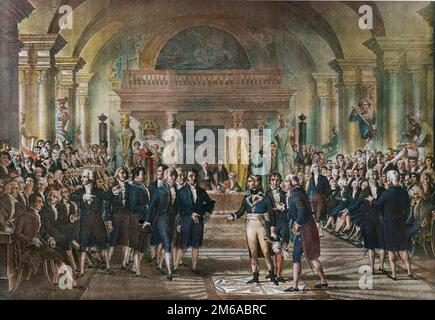 Reception de Napoleon Bonaparte a l'Institut, classe des sciences physiques et mathematiques, section des Arts mecaniques le 25 decembre 1797 dans la salle des caryatides du Louvre. Lithographie de Charles Etienne Pierre Motte (1785-1836), vers 1825, d'apres le tableau de Champion Foto Stock