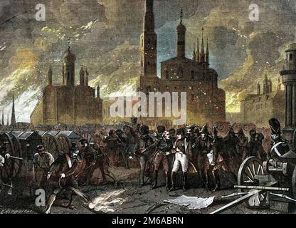 Campagna Russia 1812 - il generale Jean Ambroise Baston de Lariboisiere esorta Napoleone a lasciare il Cremlino a causa di un pericolo di esplosione - Incendie de Moscou en 1812 - le General Lariboisiere forza Napoleone a quitter le Cremlino, Menace d'une formidabile esplosione - in 'Histoire de l'Empire faisant suite a l'histoire du consulat' par Adolphe Thiers -1879 - Collection privee Foto Stock