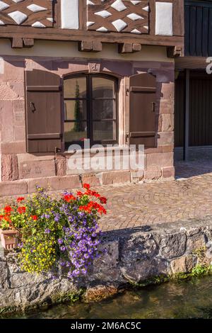 Casa a graticcio sulle rive di un torrente, schi Foto Stock