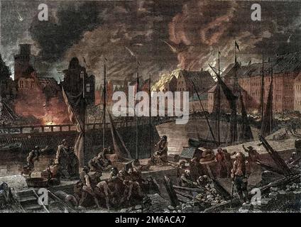 La seconda Battaglia di Copenaghen (o il bombardamento di Copenaghen) (16 agosto-5 settembre 1807) bombardamento britannico di Copenaghen al fine di sequestrare il Dano-norvegese FT, durante le guerre napoleoniche - Guerres anglaises - la bataille de Copenhague de 1807 ou seconde bataille de Copenhague -1879 Foto Stock