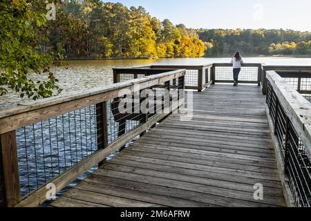 Una donna non identificata si erge su un ponte di legno che si affaccia sul lago panoramico e sul fogliame autunnale. Foto Stock