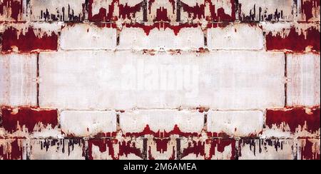 Astratto Red Pattern on White Brickwall Urban Frame Texture danneggiato imbiancato Fence dipinto mattoni grungy superficie posto per il testo Foto Stock