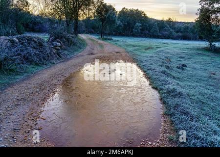 Pozzanghere ghiacciata sulla strada sterrata all'alba in una giornata invernale molto fredda. Foto Stock