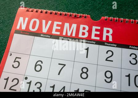 Calendario 2023, novembre, pianificatore mensile per parete e scrivania. Primo piano del mese e pochi giorni. Foto Stock