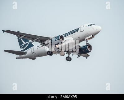 Bucarest, Romania - 2022 agosto: Aereo TAROM Airbus A318 che vola contro il cielo al tramonto. L'aereo parte dall'aeroporto internazionale Henri Coanda Foto Stock