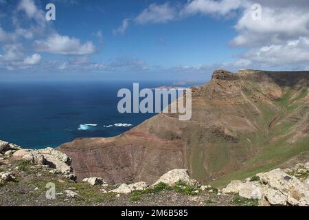 Ermita de las Nieves, vista dall'Ermita alle isole nel nordovest a.o. La Graciosa, in primo piano montagna costiera, eremo, cielo blu Foto Stock