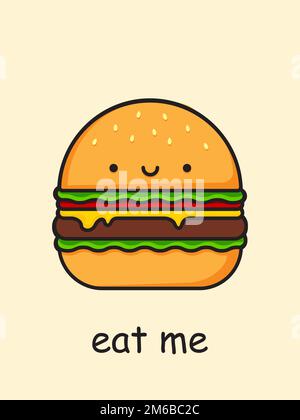 Cartoon hamburger Postcard mi mangia. Illustrazione vettoriale. Illustrazione Vettoriale