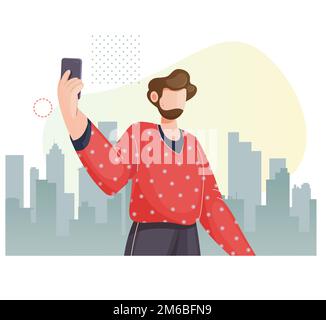 Lifestyle - giovane persona che scatta foto al selfie con gli smartphone - Stock Illustration come file EPS 10 Illustrazione Vettoriale