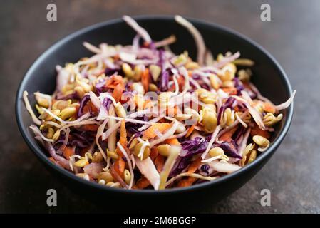 Coleslaw asiatico fatto in casa con lenticchie e carote germogliate. Foto Stock