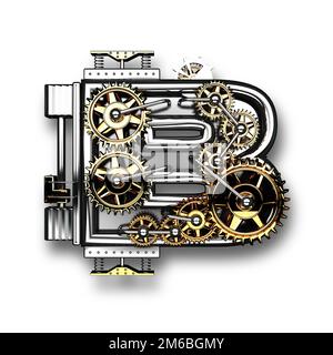 B lettera metallica isolata con ingranaggi su sfondo bianco Foto Stock