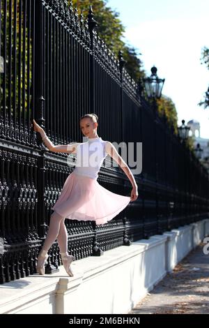 Ballerina bella ballerina alla luce del sole ad una recinzione Foto Stock