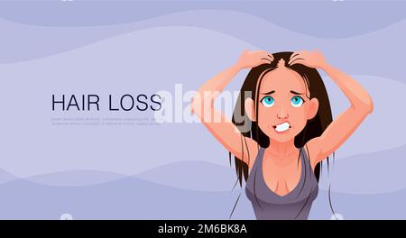 Ragazza con problemi di capelli, caduta, alopecia, danni, stile cartoni animati Illustrazione Vettoriale