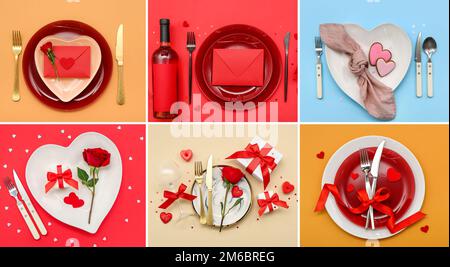 Set di belle impostazioni del tavolo per la cena di San Valentino su sfondo a colori, vista dall'alto Foto Stock