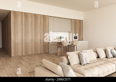 Moderno soggiorno interno beige minimalista. Cucina con divano, pavimento in legno e cucina isola. 3d immagine di rendering mock up sfondo parete. Alto Foto Stock