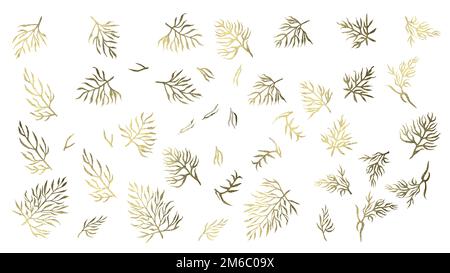 Set di rami dorati e foglie per elementi di design per matrimoni, Natale, Capodanno, compleanno, cartoline, adesivi, striscioni. Elementi isolati Foto Stock