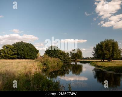 fiume stour che attraversa la campagna di dedham con cielo limpido e alberi lussureggianti in un giorno d'estate Foto Stock