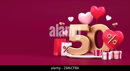 Banner commerciale di San Valentino con sconto del 50%, spazio copia, cuori e regali in 3D illustrazione Foto Stock