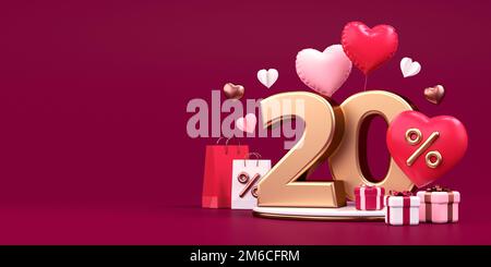 Banner commerciale di San Valentino con sconto del 20%, spazio copia, cuori e regali in 3D illustrazione Foto Stock