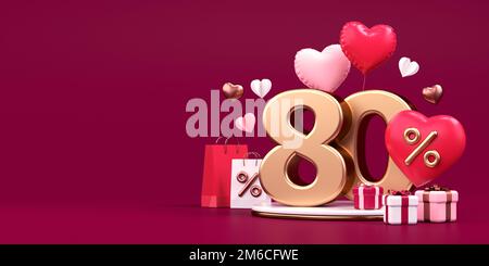 Banner commerciale di San Valentino con sconto del 80%, spazio copia, cuori e regali in 3D illustrazione Foto Stock