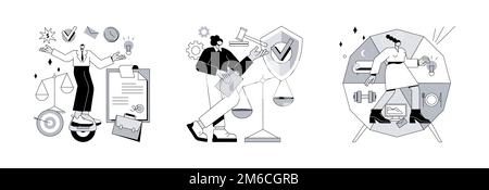 Set di illustrazioni vettoriali astratte di qualità personale. Resilienza, responsabilità e disciplina, forza mentale, flessibilità psicologica, processo decisionale, ruolo di leadership metafora astratta. Illustrazione Vettoriale