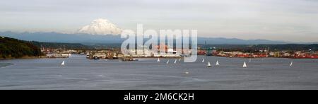 Barca a vela Regata inizio Bay Porto di Tacoma Mt Rainier Foto Stock